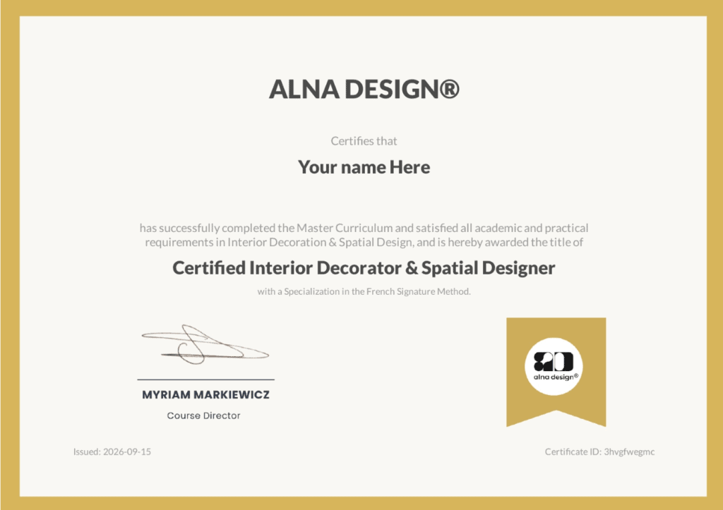 Official Certified Interior Decorator & Spatial Designer certificate for ALNA Design®